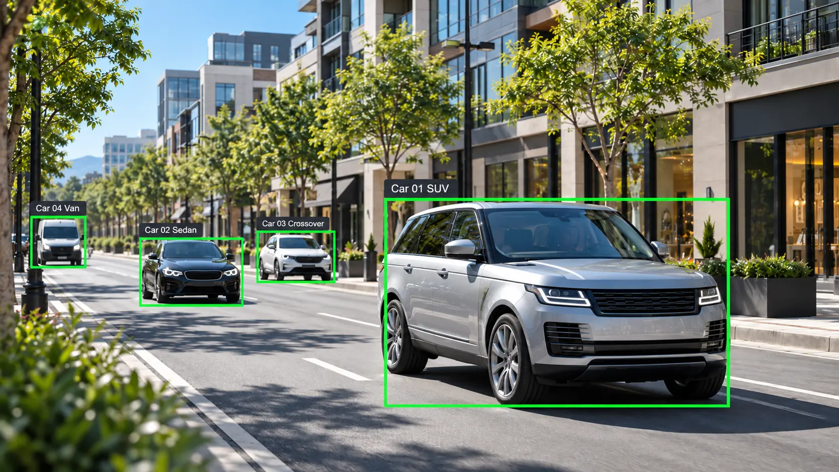 Video analytics visualization classifying four vehicles on a commercial street.