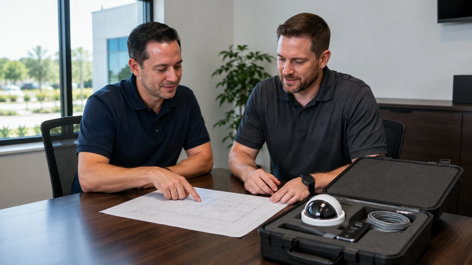 Low-voltage technicians reviewing a project plan with organized camera, access-control, and cabling equipment