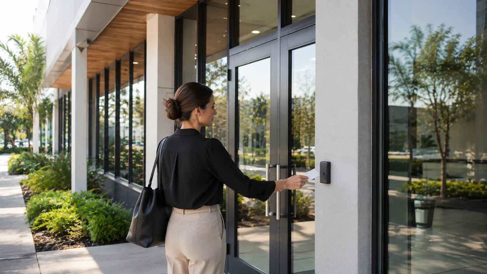 Commercial access control reader at an office entrance