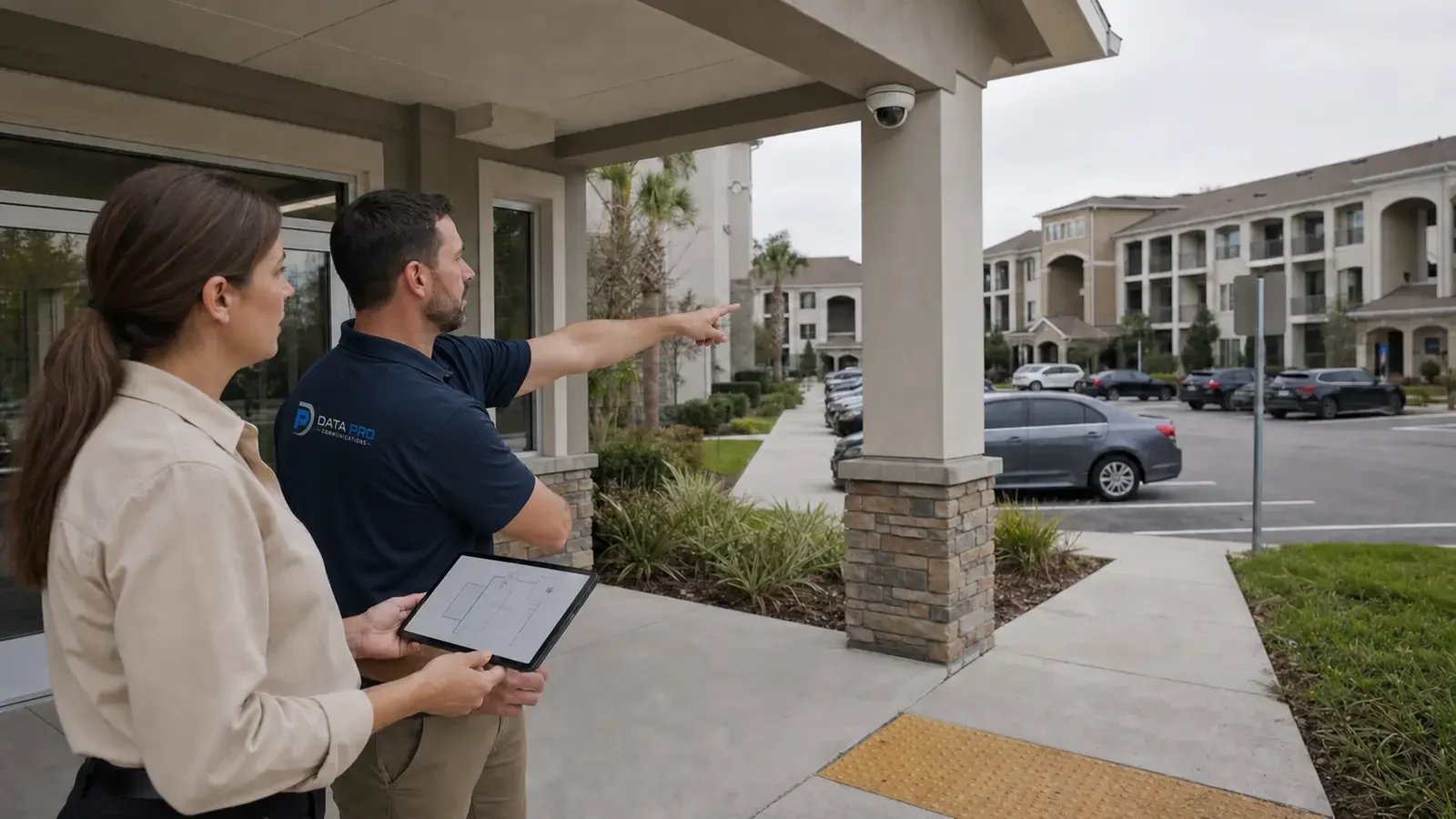 Property manager and Data Pro technician planning shared-entry and parking camera coverage.