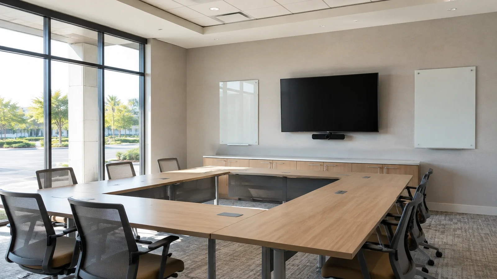 Bright finished professional conference room with meeting tables, wall-mounted display and whiteboards