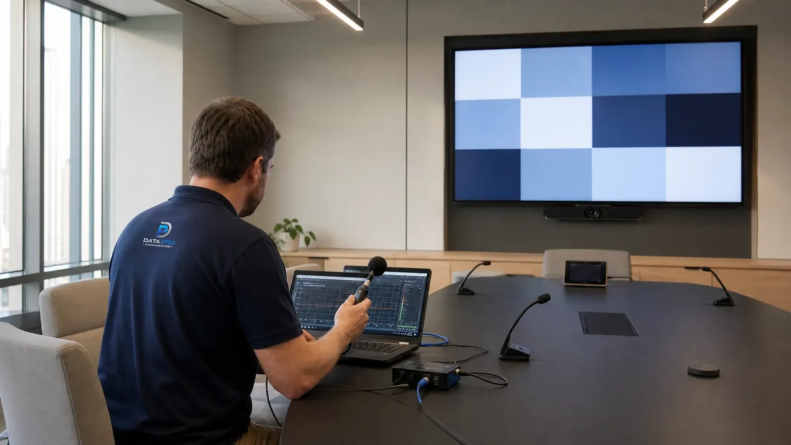 Data Pro technician commissioning a conference-room audio-video system with an active display.