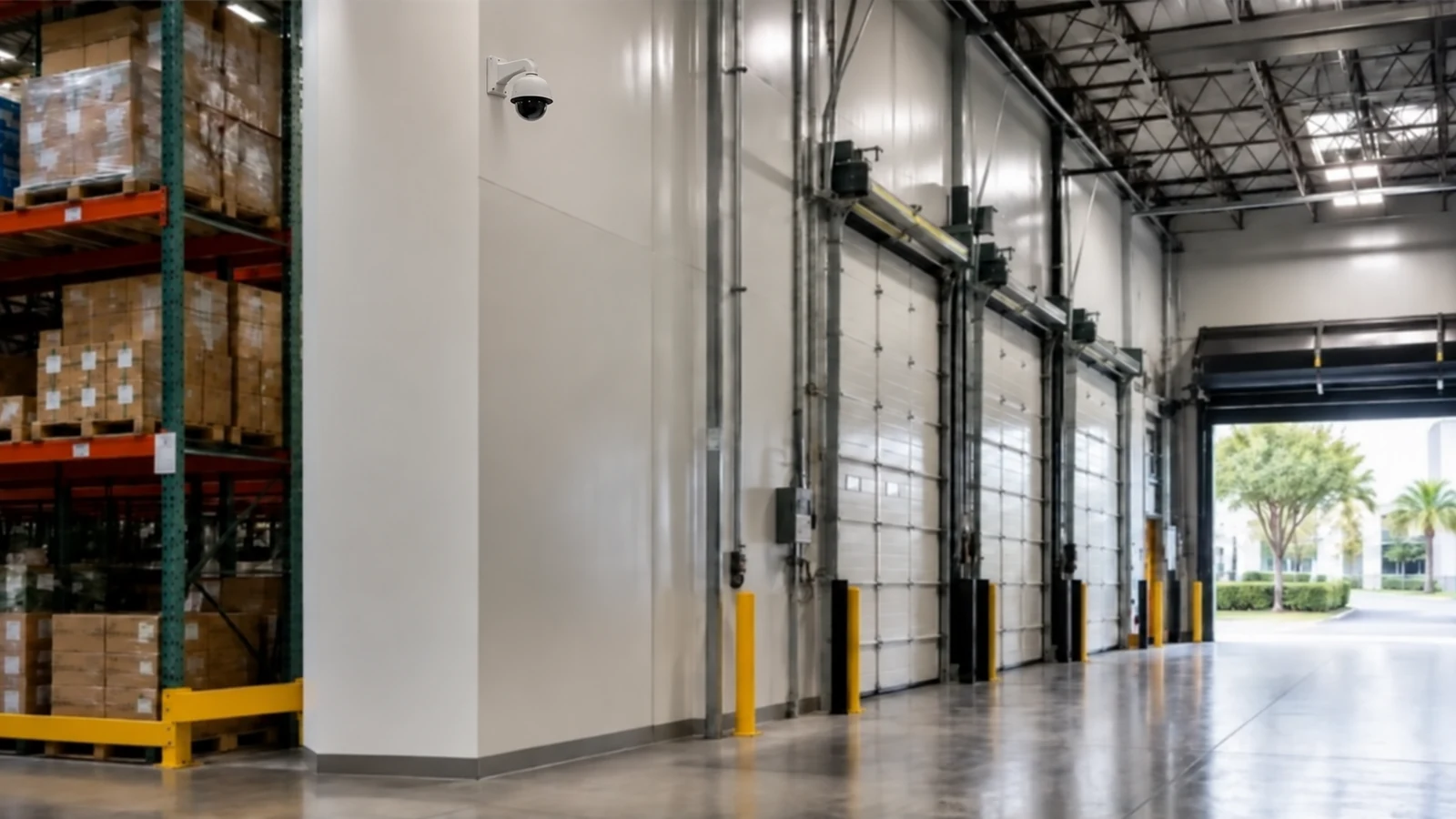 Wall-mounted dome security camera overlooking warehouse loading docks and pallet storage.