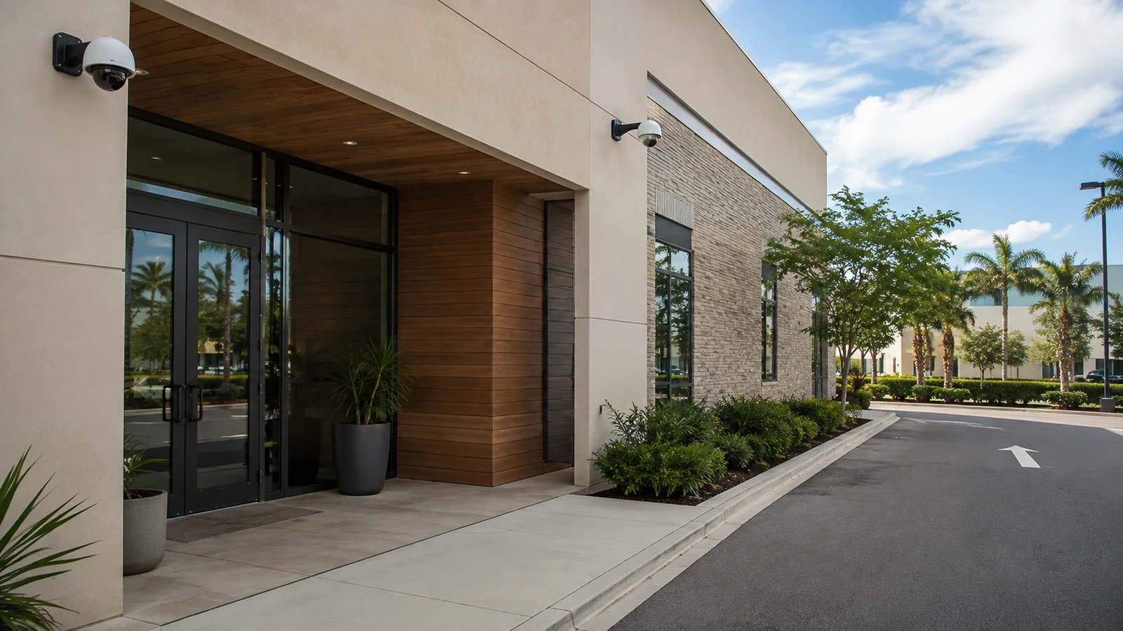 Commercial CCTV cameras covering a business entrance