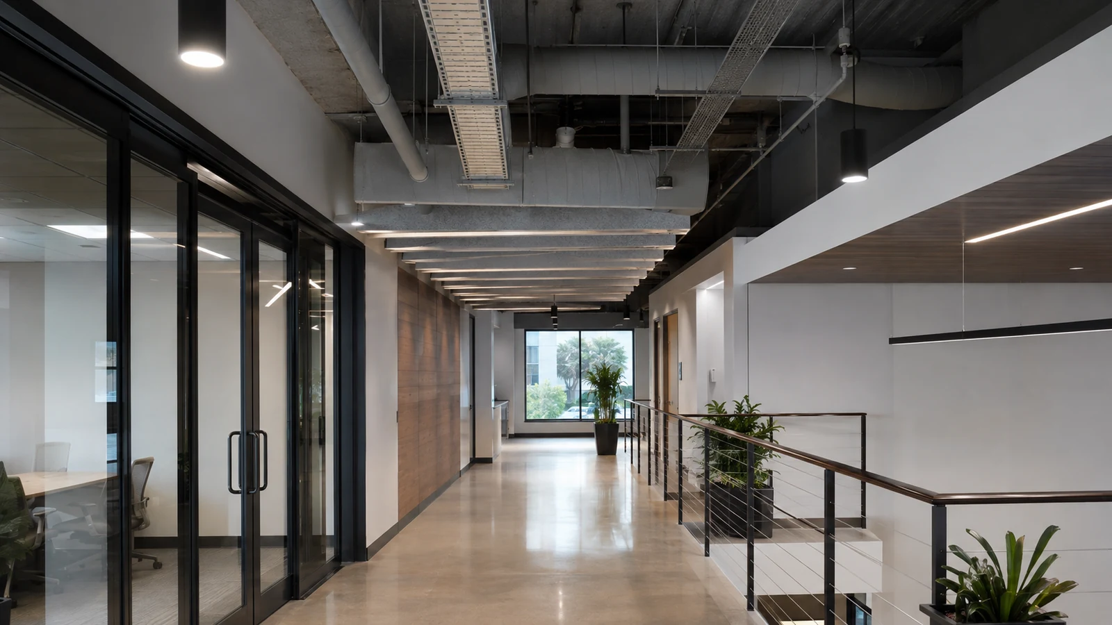 Commercial corridor with suspended cable trays, conduits and exposed ceiling services.