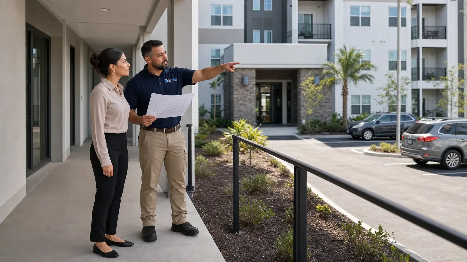 Data Pro consultant and property manager reviewing camera coverage at a multifamily property.