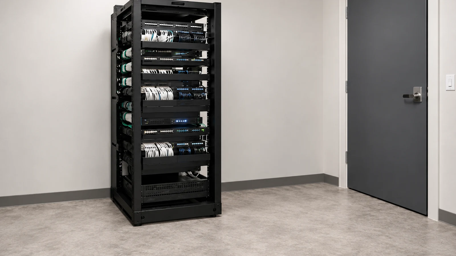 Floor-standing network rack with organized patch panels and equipment in a dedicated technical room.