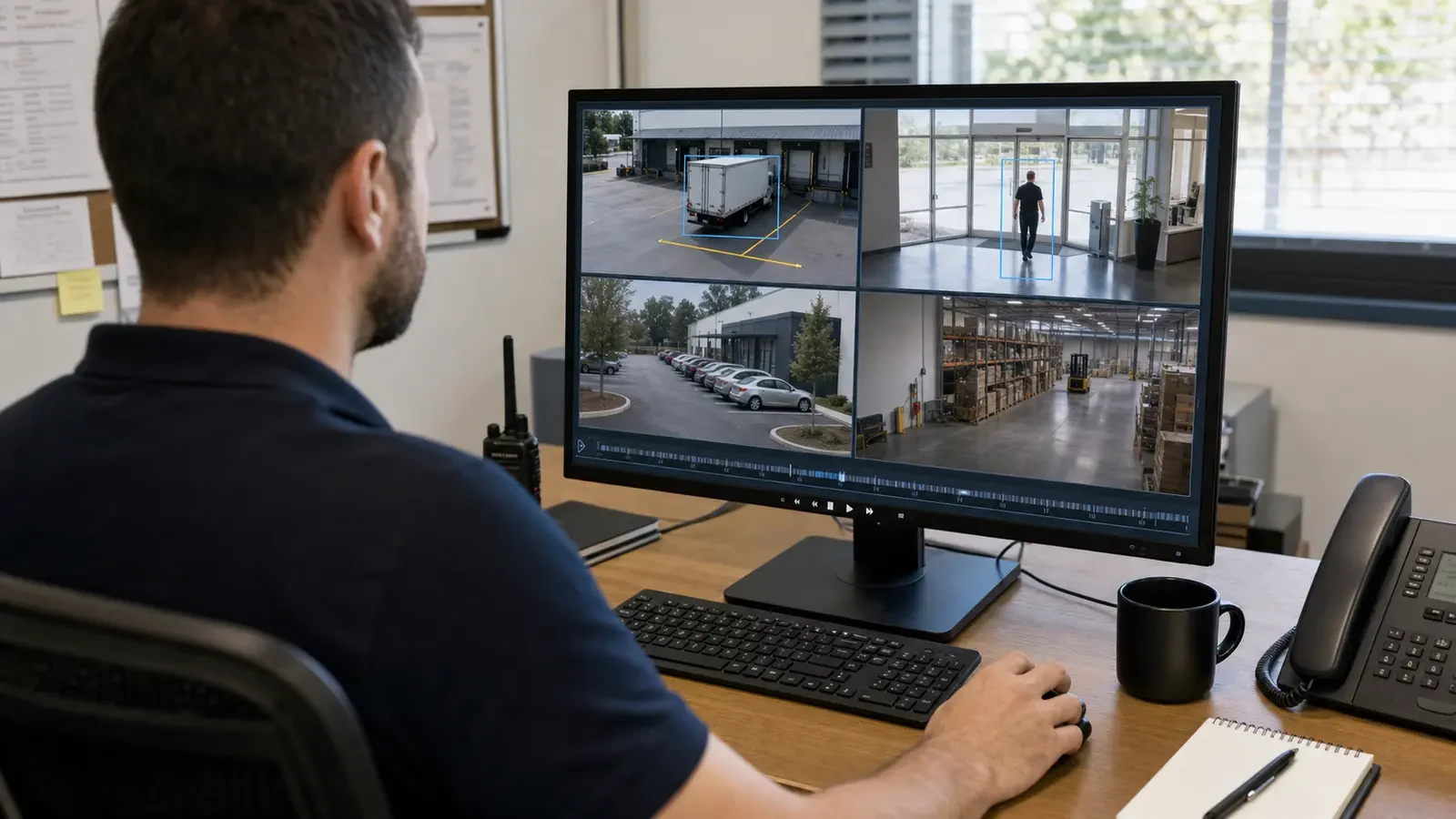 Security operator reviewing populated entrance and vehicle analytics feeds at a commercial workstation.