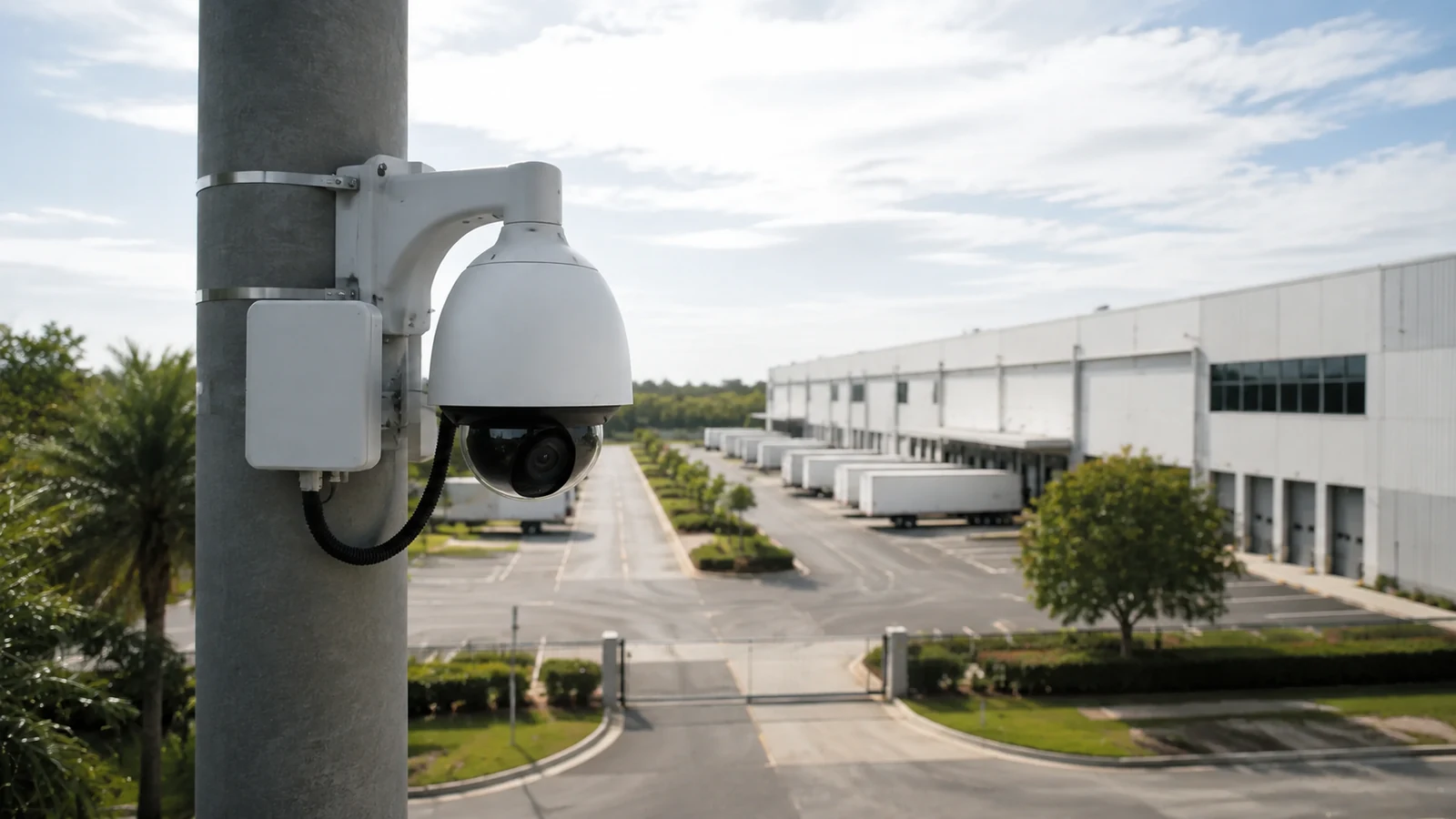 White surveillance camera mounted on a pole with metal straps, a junction box and conduit.