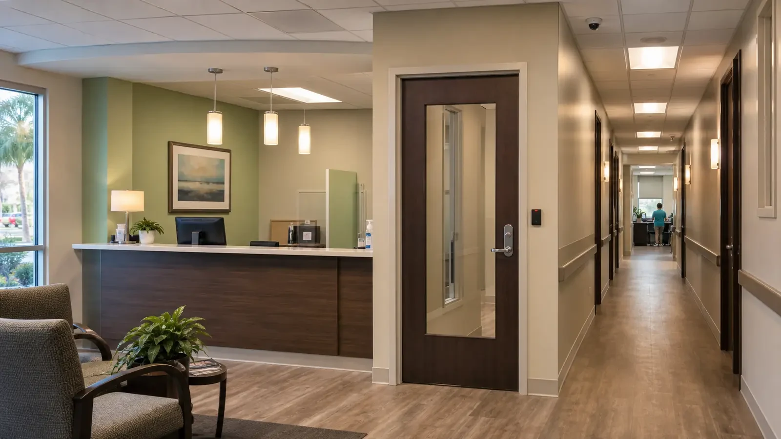 Healthcare office lobby with ceiling cameras and a controlled staff door.