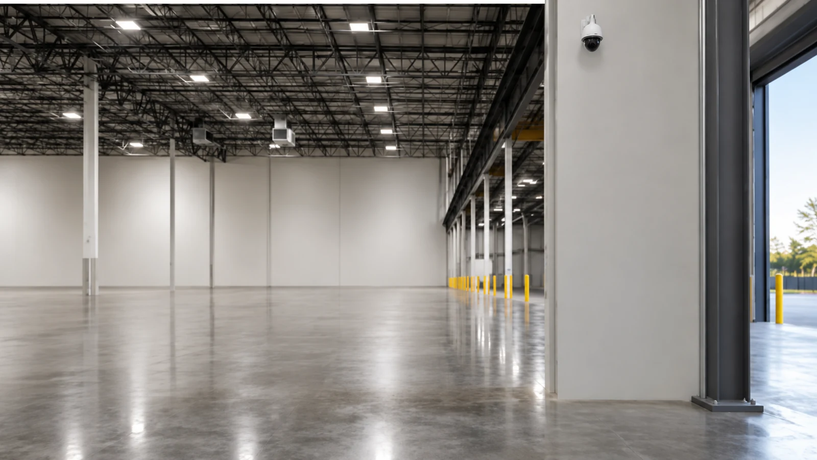 Empty modern warehouse with a polished concrete floor and a wall-mounted dome camera.