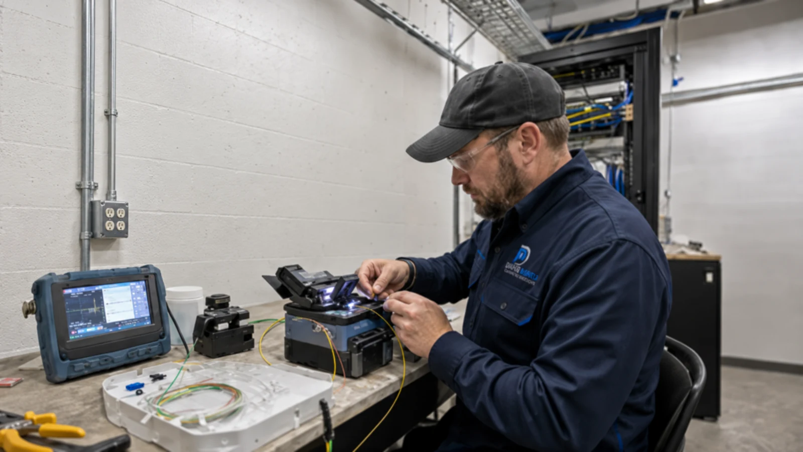 Data Pro technician splicing and testing color-coded fiber strands at a technical-room workbench.