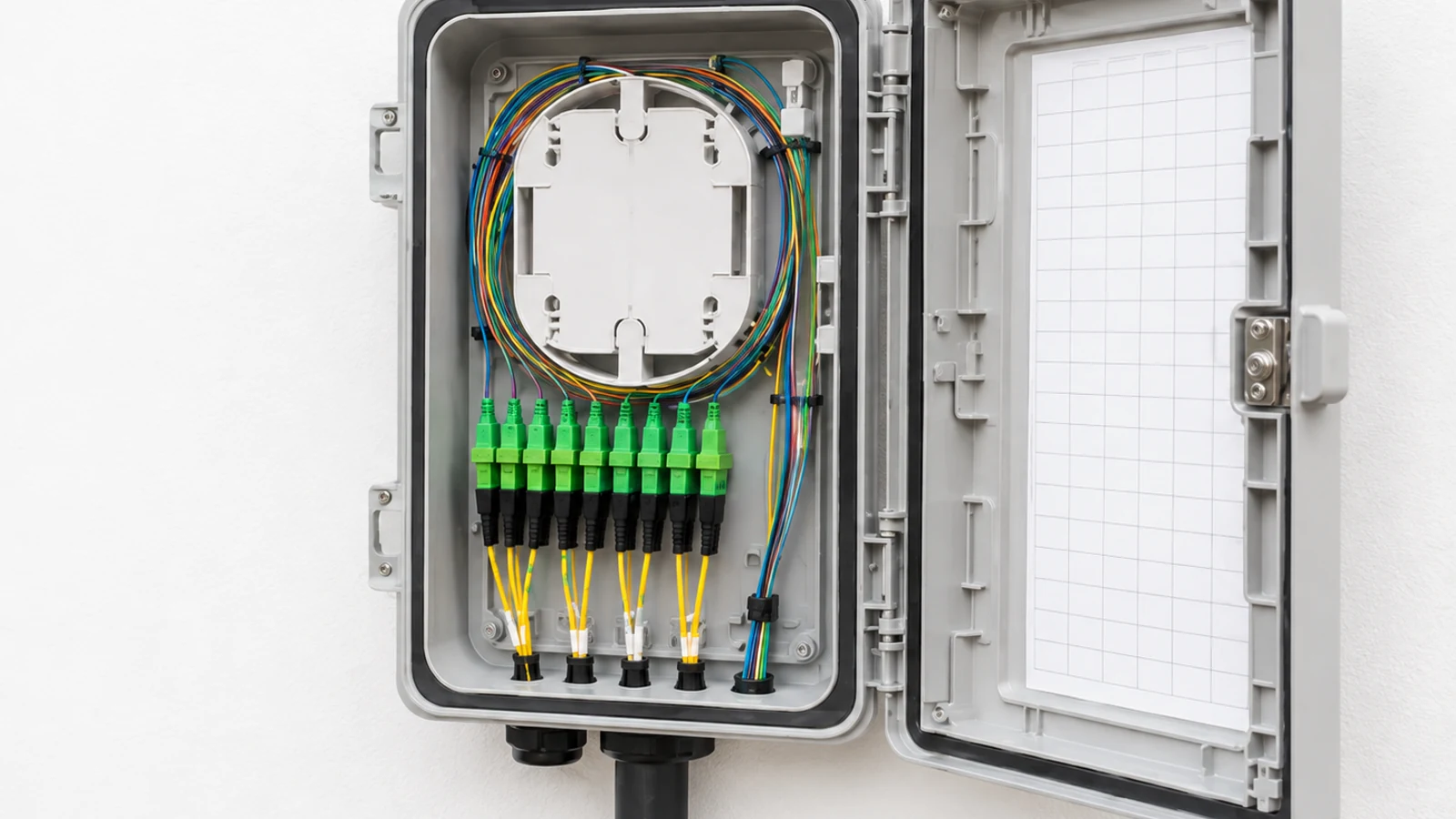 Open wall-mounted fiber distribution enclosure with organized color-coded fibers and green optical adapters.