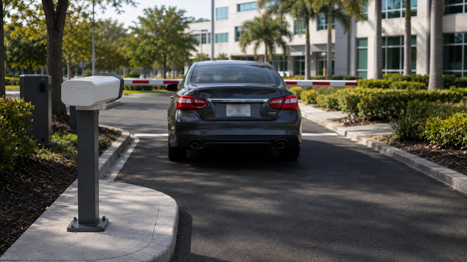 Pedestal-mounted LPR camera facing a car's rear plate before a commercial vehicle barrier.