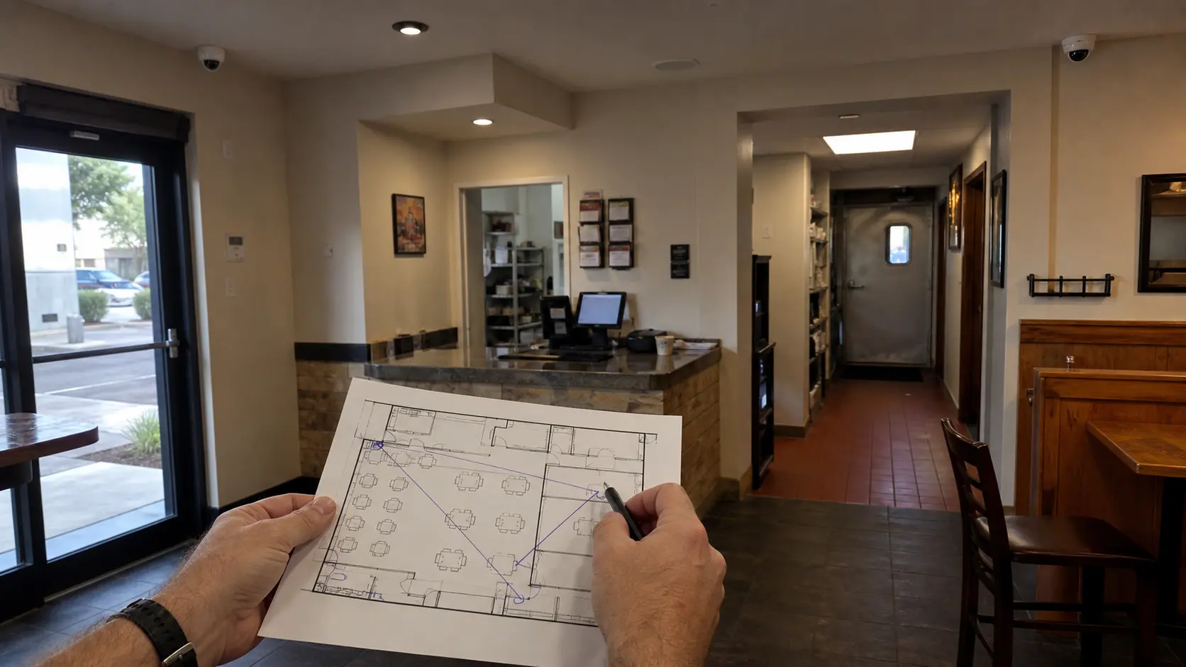 Hero: Restaurant entrance, pos-adjacent and delivery-door camera planning with privacy-aware boundaries and no staged patrons