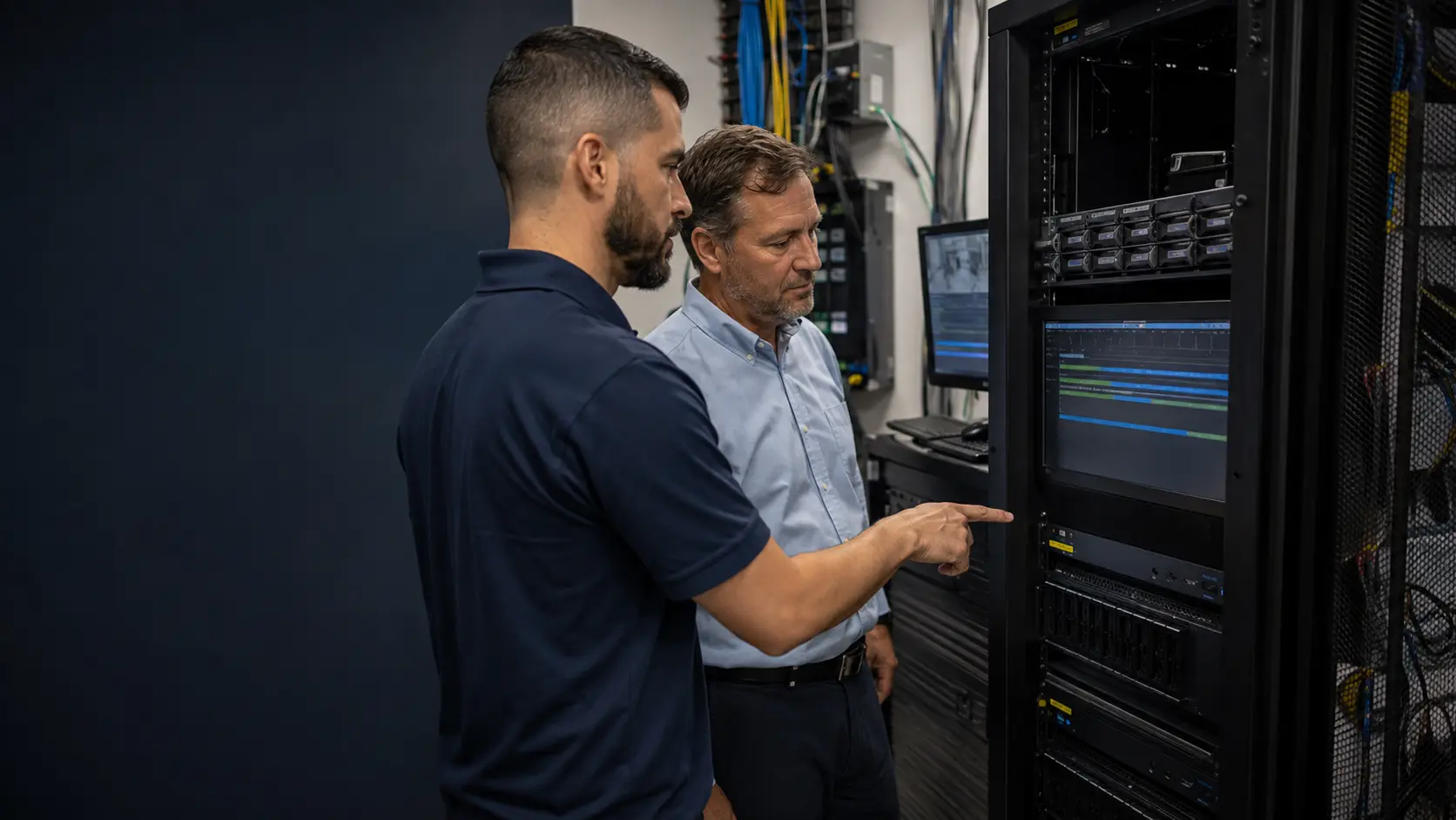 Supporting 1: Project team evaluating bitrate planning and NVR capacity for a commercial property
